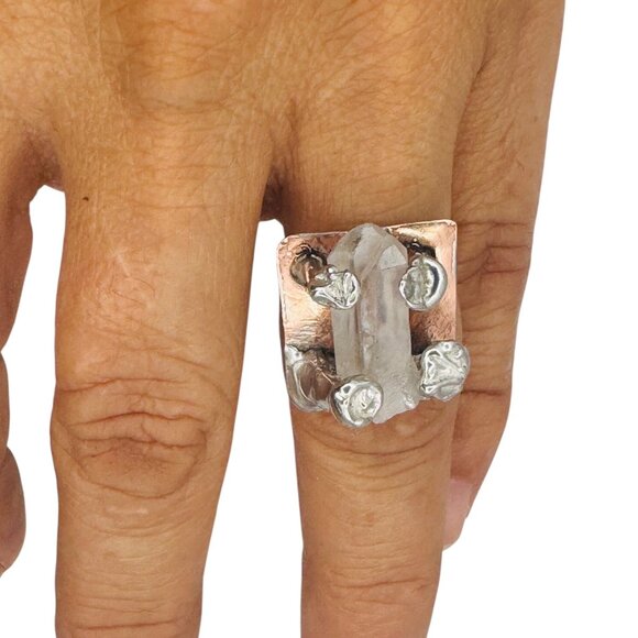 Raw Crystal Statement Ring Upcycled From Copper Baking Dish & Silver Spoon 7.75 - Picture 9 of 13